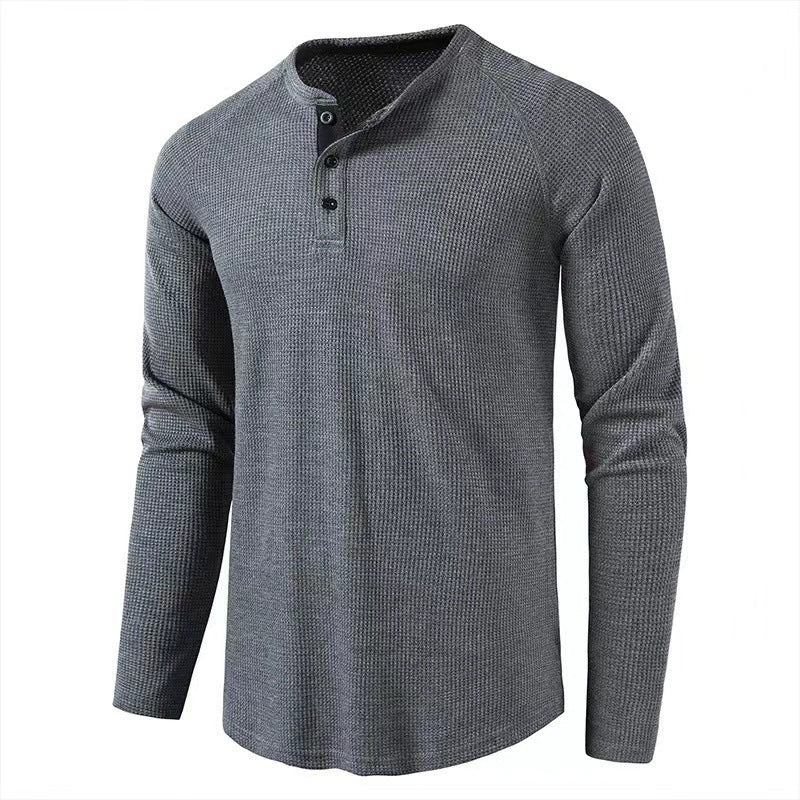 Men's Classic Waffle Henley T-shirt Crew Neck Long Sleeve Slim Fit