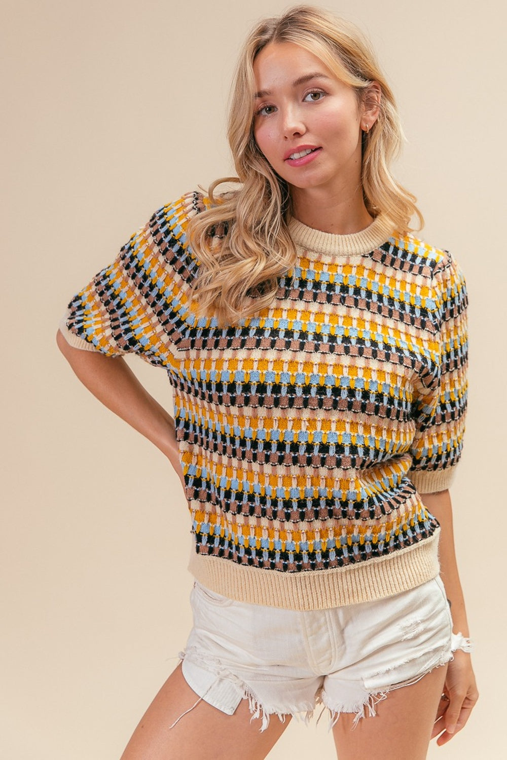 BiBi Multi Color Half Sleeve Sweater - DRG Boutique Apparel & Accessories LLC