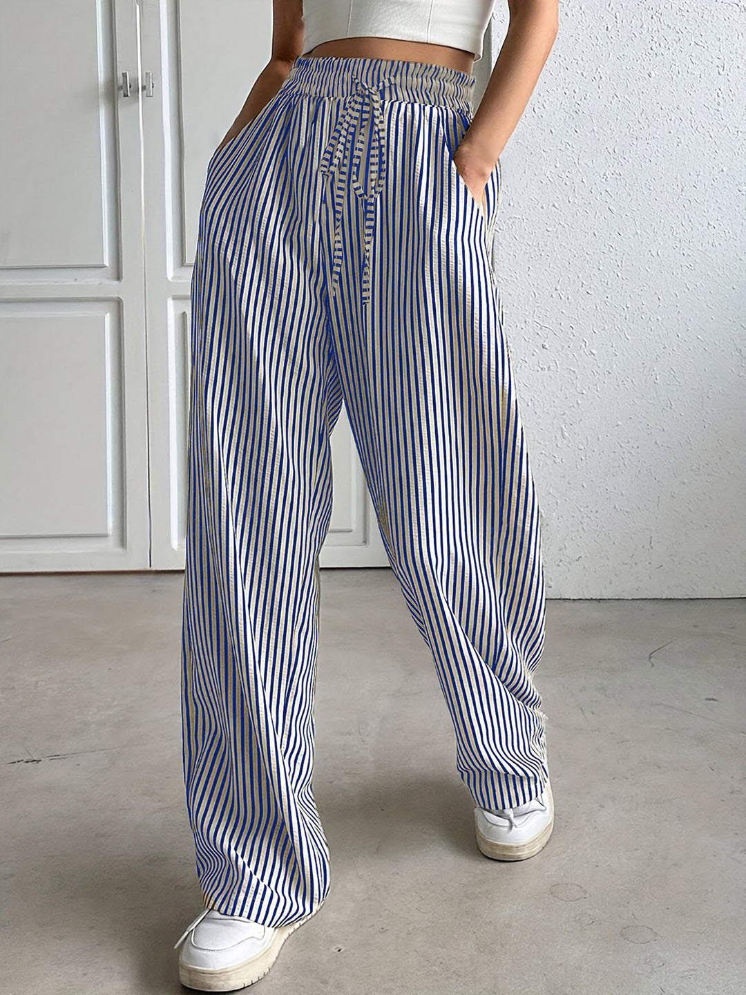 Drawstring Striped Elastic Waist Pants - DRG Boutique Apparel & Accessories LLC