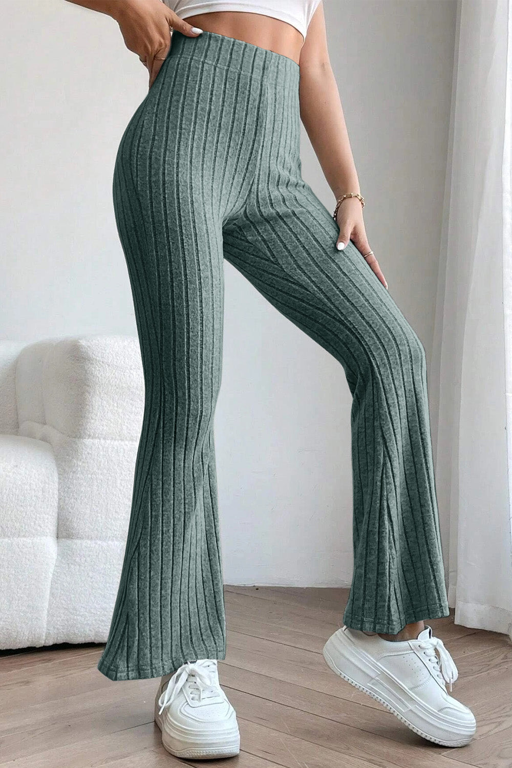 Basic Bae Full Size Ribbed High Waist Flare Pants - DRG Boutique Apparel & Accessories LLC