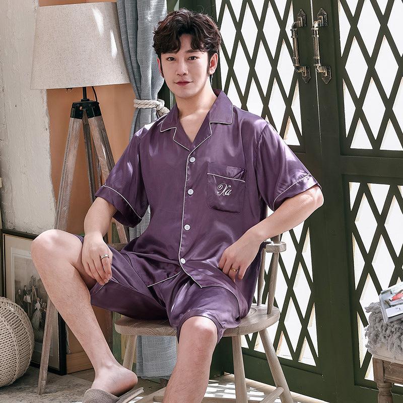 Ice Silk Couple Pajamas Short-sleeved Men And Women V-neck Cardigan Simulation Silk Home Service