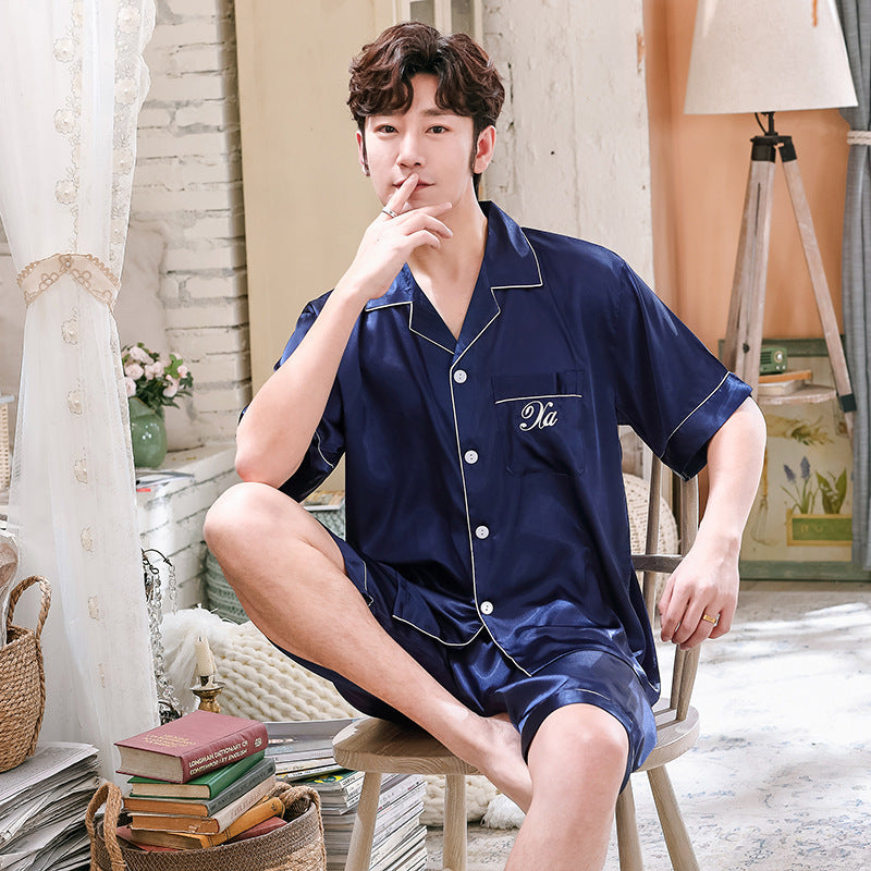 Ice Silk Couple Pajamas Short-sleeved Men And Women V-neck Cardigan Simulation Silk Home Service