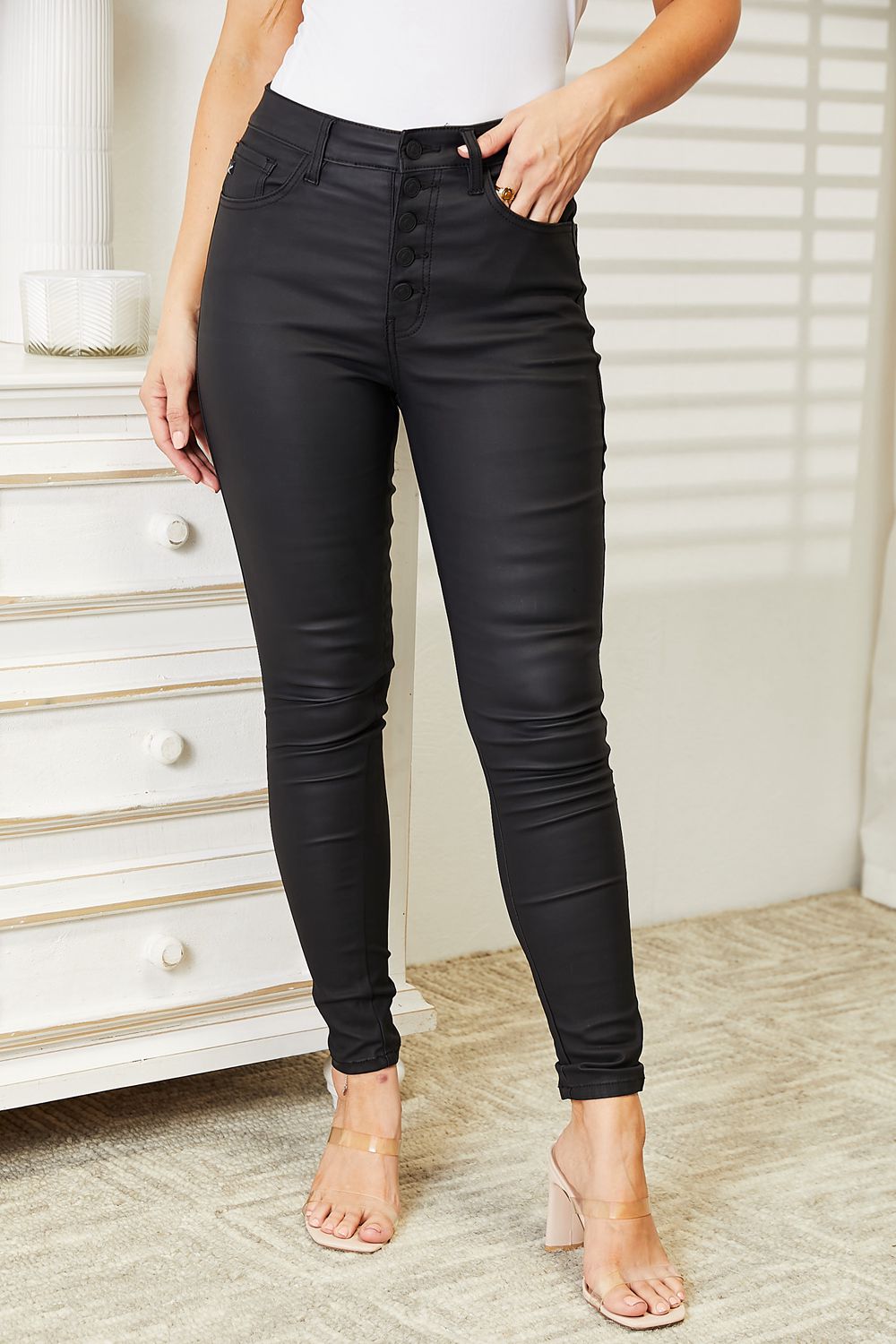 Kancan Full Size High Rise Black Coated Ankle Skinny Jeans - DRG Boutique Apparel & Accessories LLC