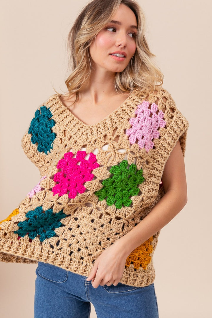 BiBi Granny Square Openwork Sweater Vest - DRG Boutique Apparel & Accessories LLC