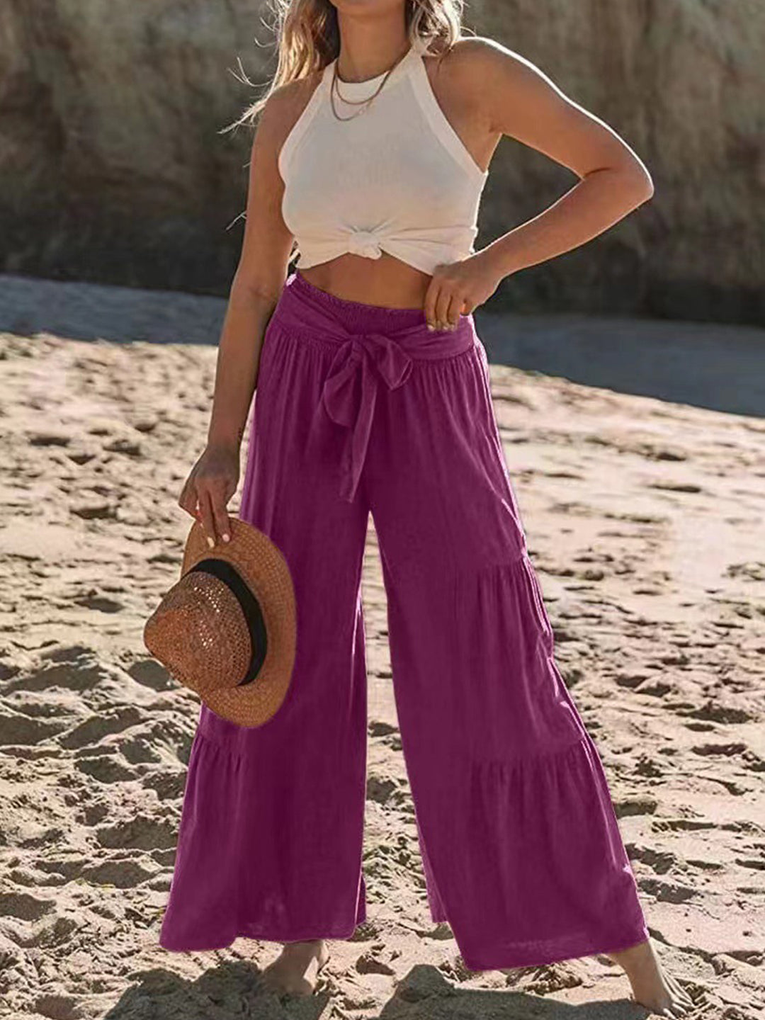 Tied Ruched Wide Leg Pants - DRG Boutique Apparel & Accessories LLC