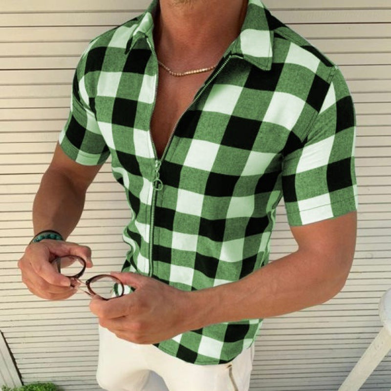 Men's Plaid Shirt, Zipper Short Sleeve