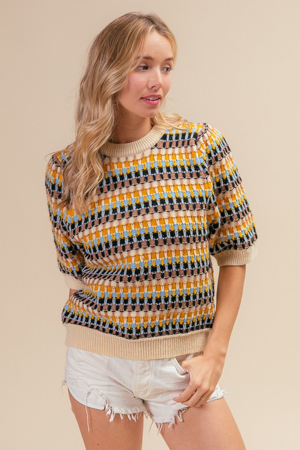 BiBi Multi Color Half Sleeve Sweater - DRG Boutique Apparel & Accessories LLC