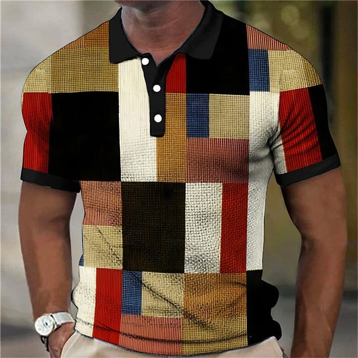 Fashion Men'S Polo Shirts 3d Splicing Plaid Printing Art