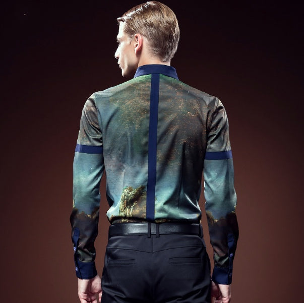 FANZHUAN Mens Shirts Fashion Long Sleeve Print Floral Shirt Men Slim Fit