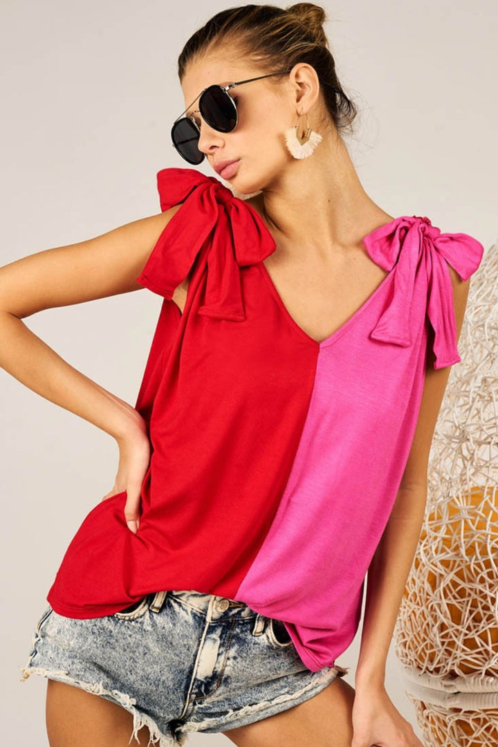 BiBi Shoulder Ribbon Tied Contrast Top - DRG Boutique Apparel & Accessories LLC