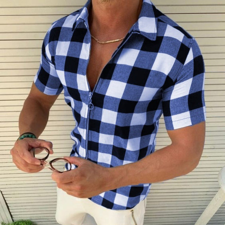 Men's Plaid Shirt, Zipper Short Sleeve