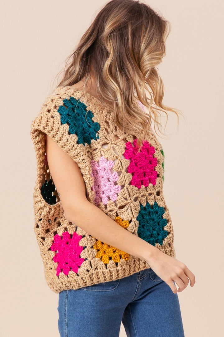 BiBi Granny Square Openwork Sweater Vest - DRG Boutique Apparel & Accessories LLC