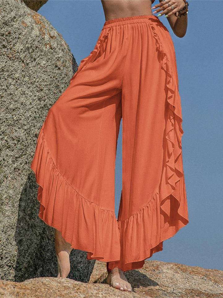 Ruffled Slit Wide Leg Pants - DRG Boutique Apparel & Accessories LLC