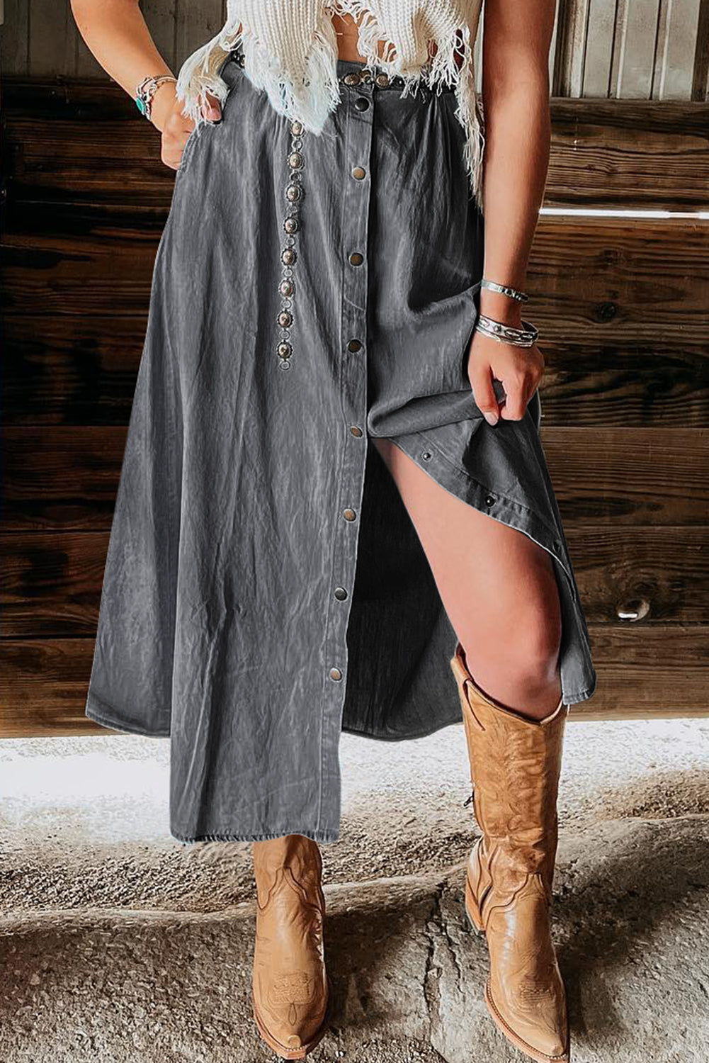 Snap Down High Waist Denim Skirt - DRG Boutique Apparel & Accessories LLC