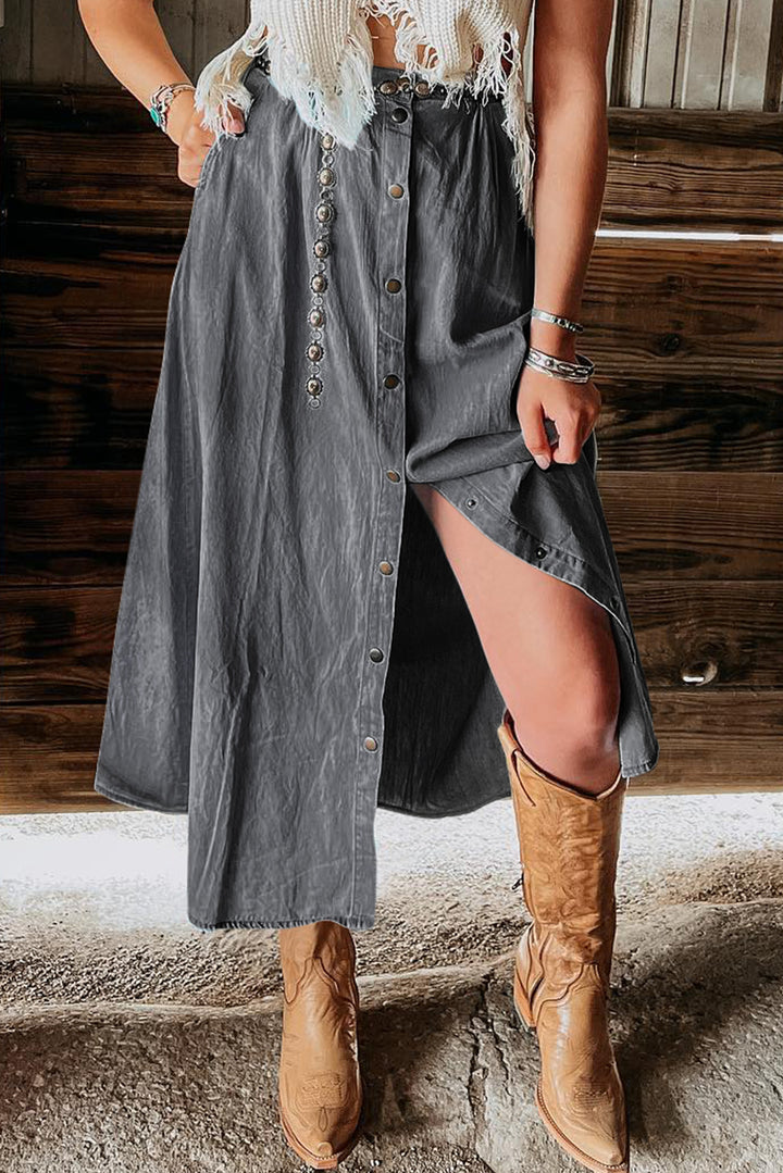 Snap Down High Waist Denim Skirt - DRG Boutique Apparel & Accessories LLC