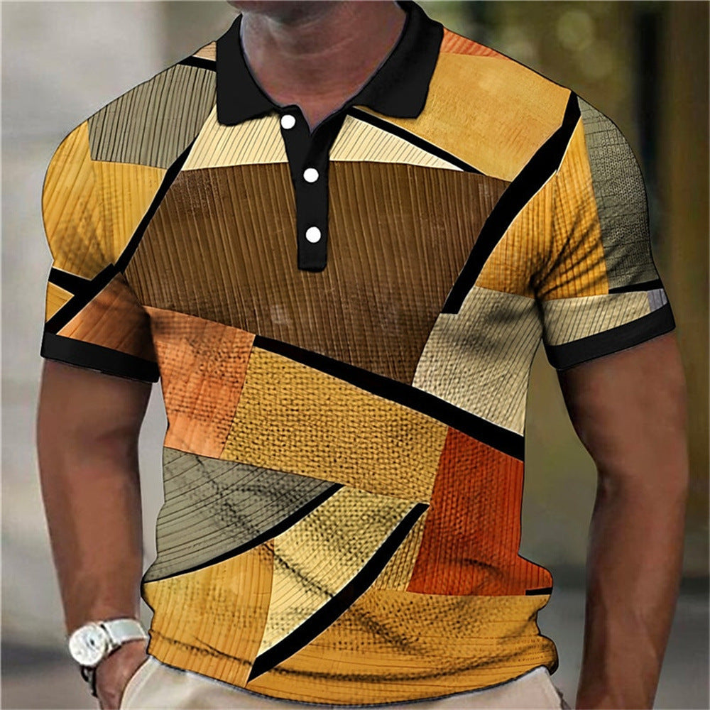 Fashion Men'S Polo Shirts 3d Splicing Plaid Printing Art