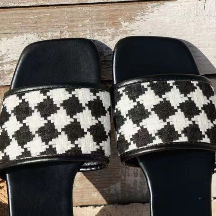 Plaid Open Toe Flat Sandals - DRG Boutique Apparel & Accessories LLC