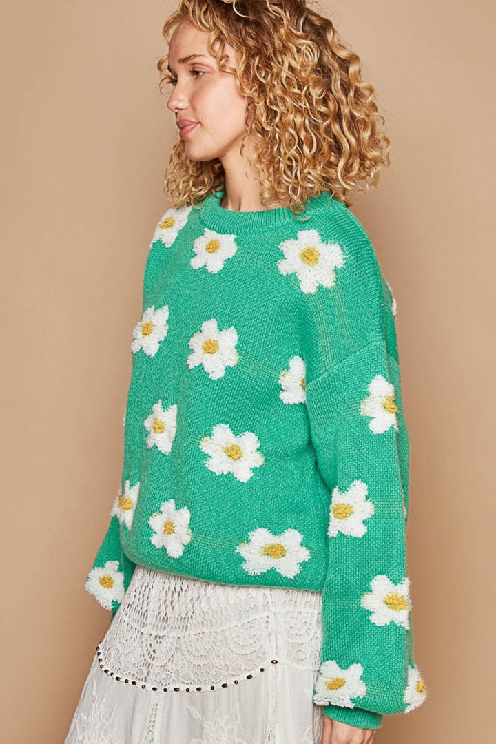 POL Daisy Pattern Drop Shoulder Sweater - DRG Boutique Apparel & Accessories LLC