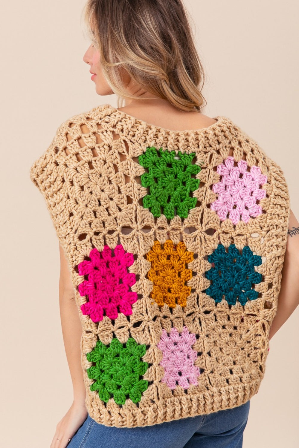 BiBi Granny Square Openwork Sweater Vest - DRG Boutique Apparel & Accessories LLC