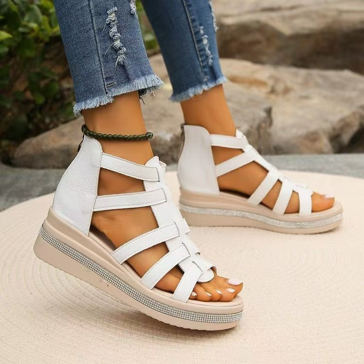 Cutout Rhinestone Trim Wedge Sandals - DRG Boutique Apparel & Accessories LLC