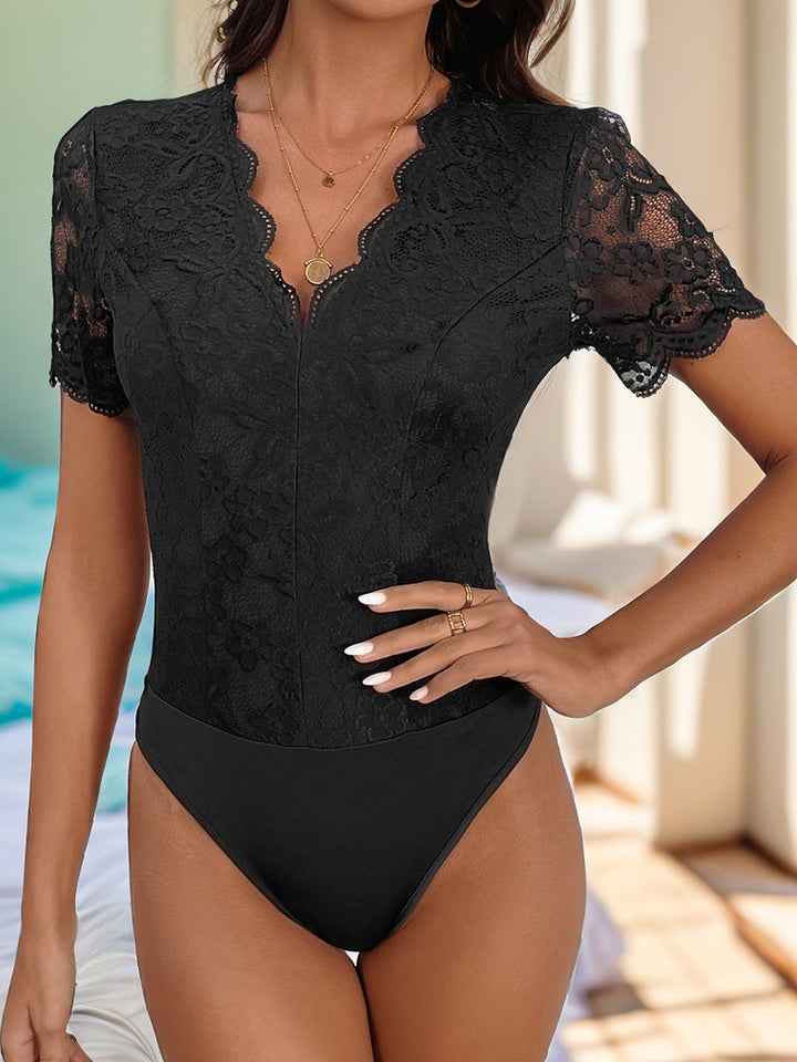 Perfee V-Neck Short Sleeve Lace Bodysuit - DRG Boutique Apparel & Accessories LLC