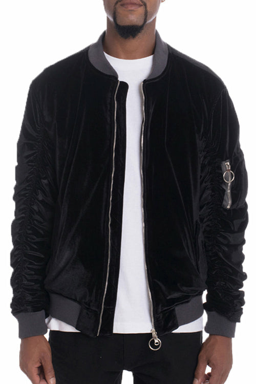 Velour Cinch Sleeve Bomber Jacket - DRG Boutique Apparel & Accessories LLC