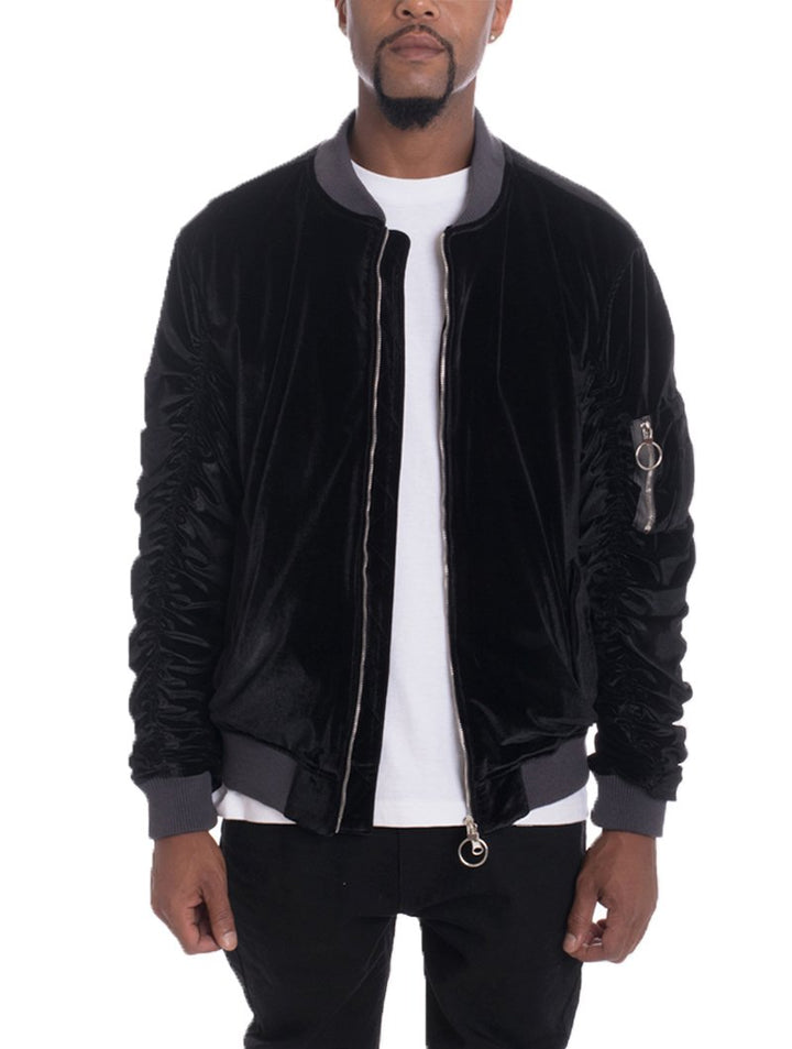 Velour Cinch Sleeve Bomber Jacket - DRG Boutique Apparel & Accessories LLC