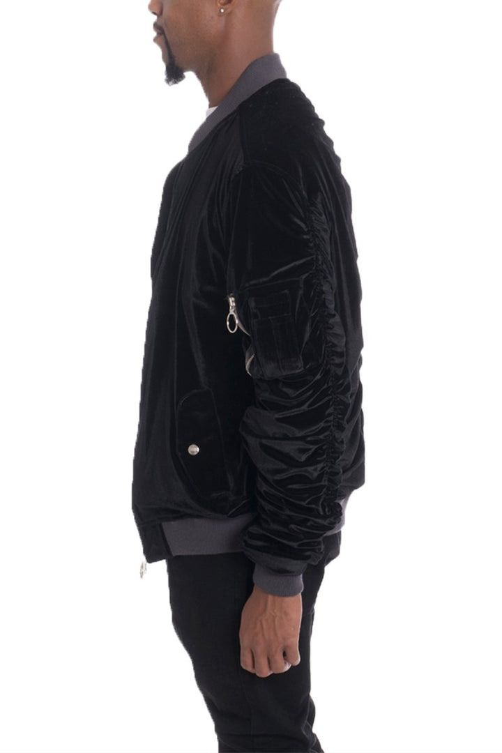 Velour Cinch Sleeve Bomber Jacket - DRG Boutique Apparel & Accessories LLC