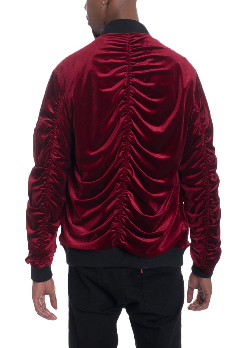 Velour Cinch Sleeve Bomber Jacket - DRG Boutique Apparel & Accessories LLC