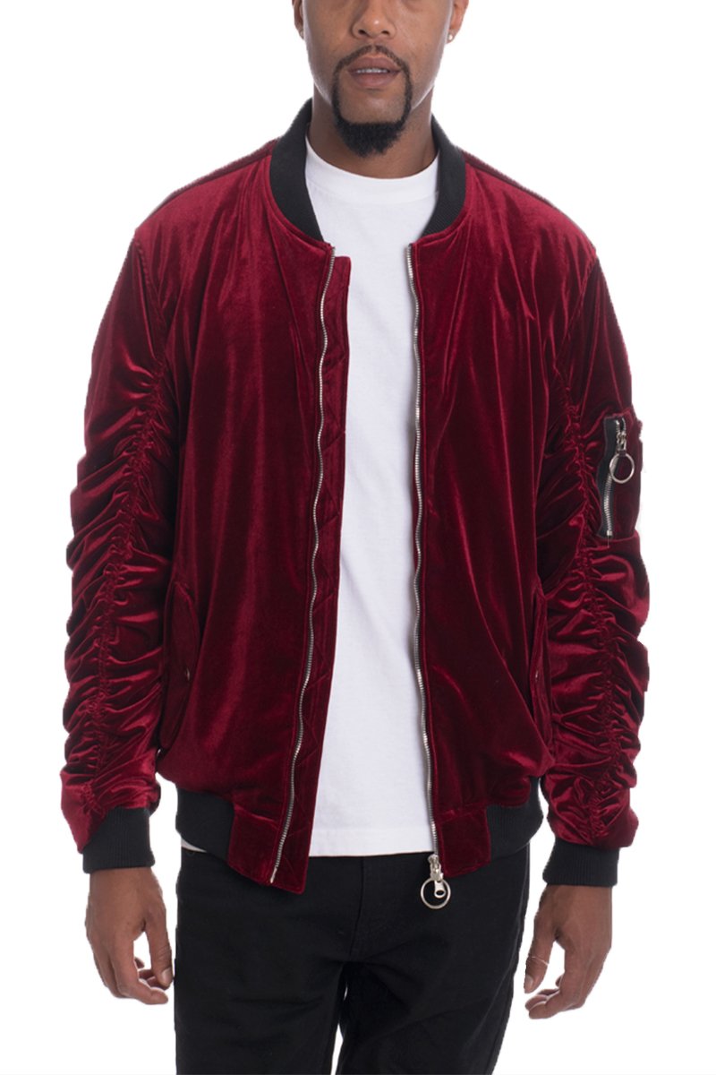 Velour Cinch Sleeve Bomber Jacket - DRG Boutique Apparel & Accessories LLC