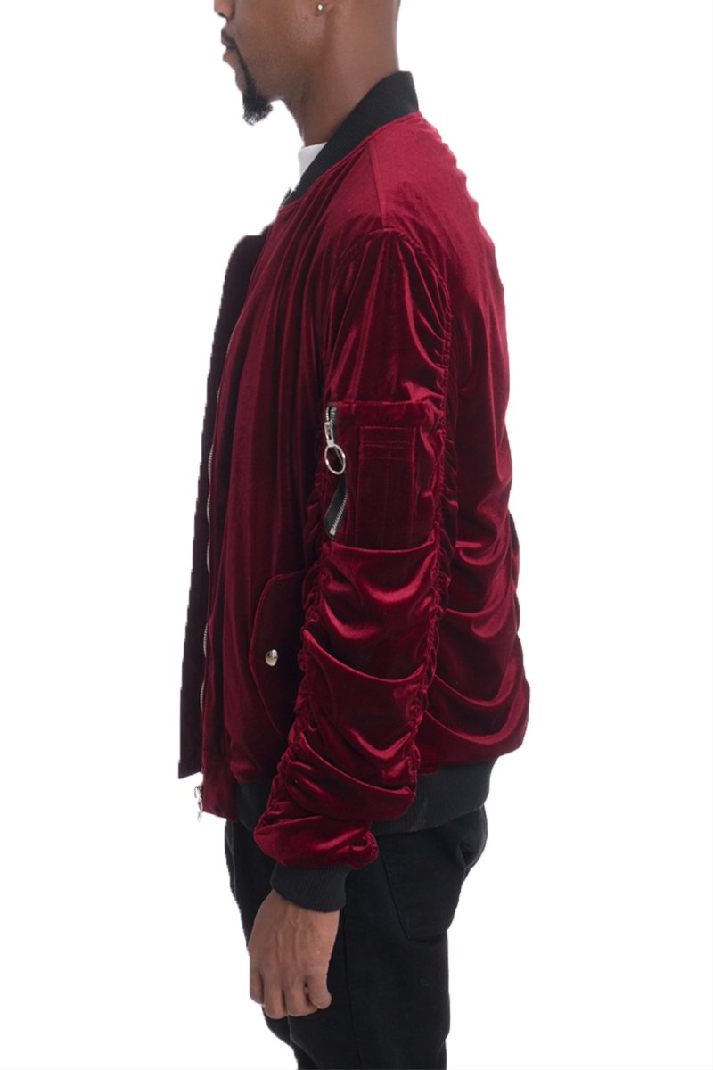 Velour Cinch Sleeve Bomber Jacket - DRG Boutique Apparel & Accessories LLC