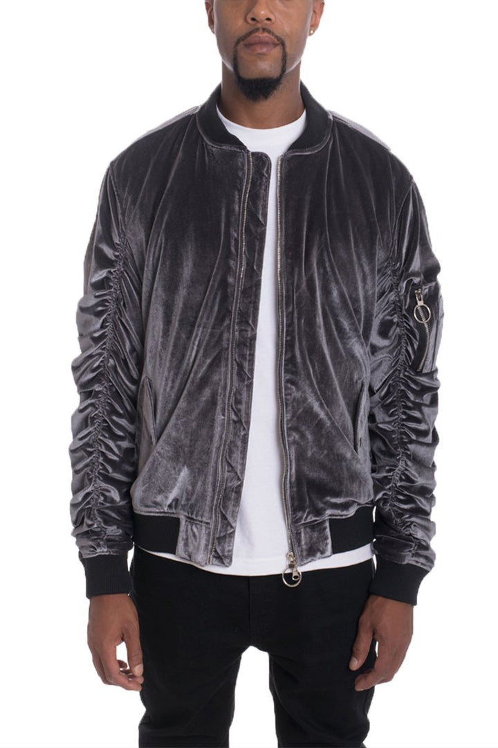 Velour Cinch Sleeve Bomber Jacket - DRG Boutique Apparel & Accessories LLC