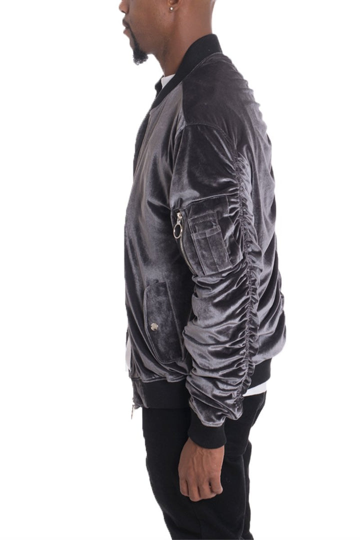 Velour Cinch Sleeve Bomber Jacket - DRG Boutique Apparel & Accessories LLC