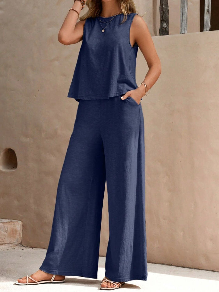 Round Neck Sleeveless Top and Wide Leg Pants Set - DRG Boutique Apparel & Accessories LLC