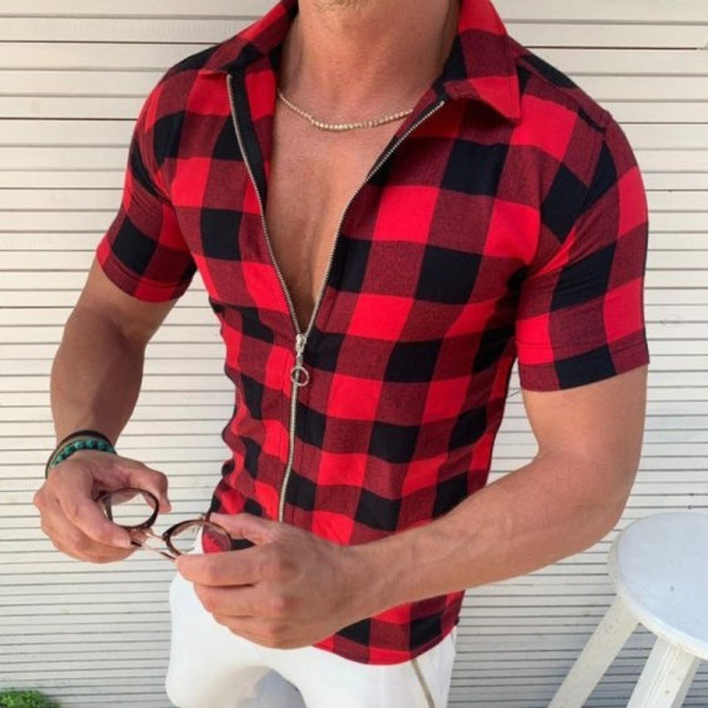 Men's Plaid Shirt, Zipper Short Sleeve