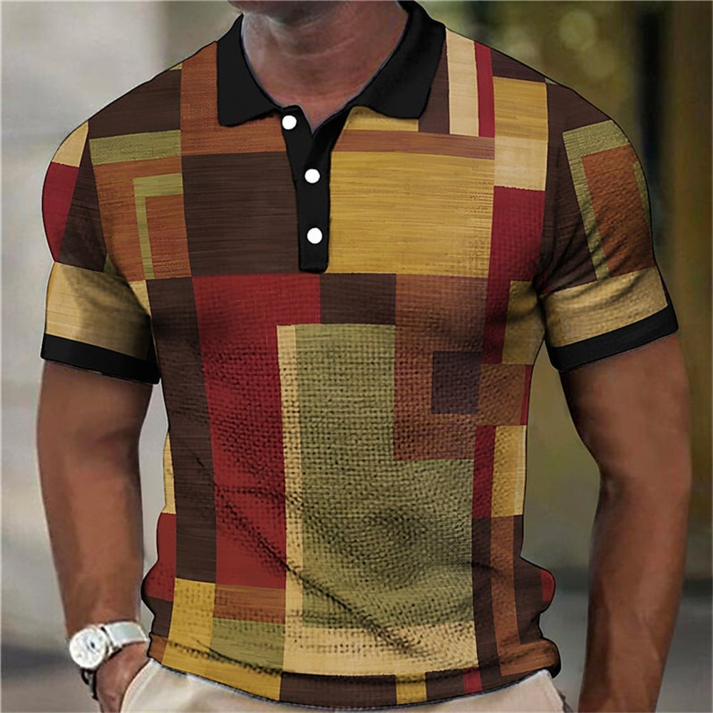 Fashion Men'S Polo Shirts 3d Splicing Plaid Printing Art