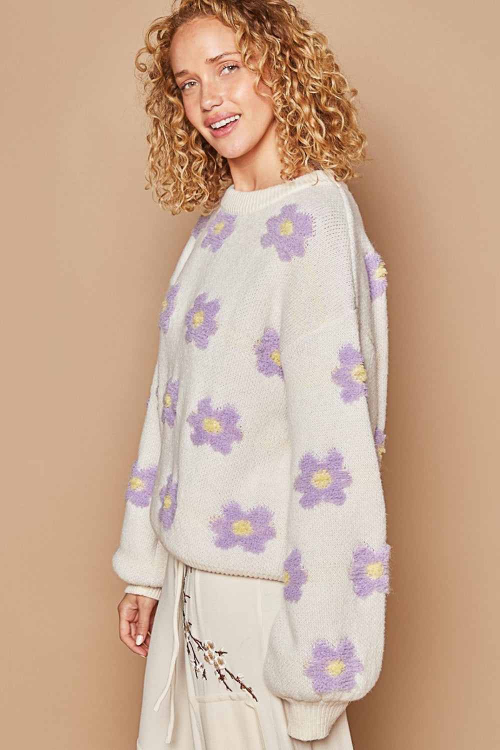 POL Daisy Pattern Drop Shoulder Sweater - DRG Boutique Apparel & Accessories LLC