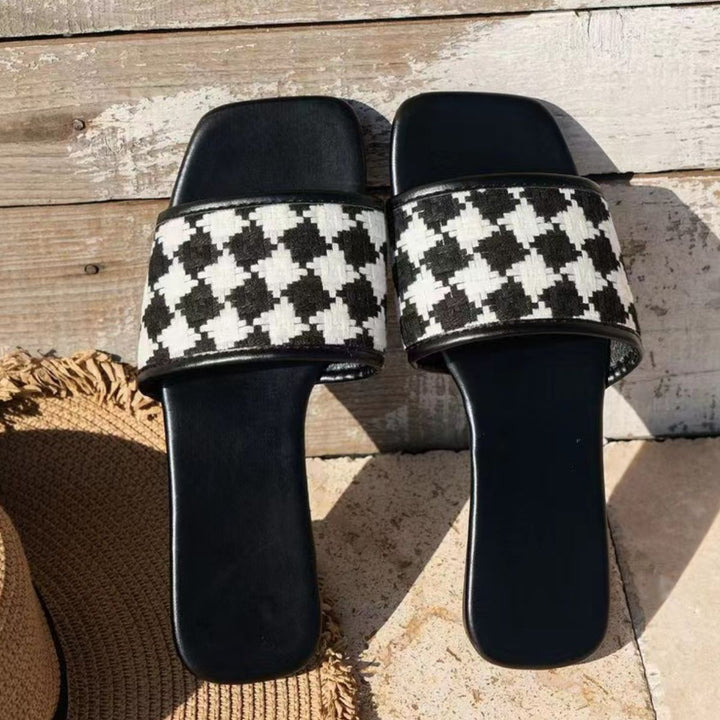 Plaid Open Toe Flat Sandals - DRG Boutique Apparel & Accessories LLC