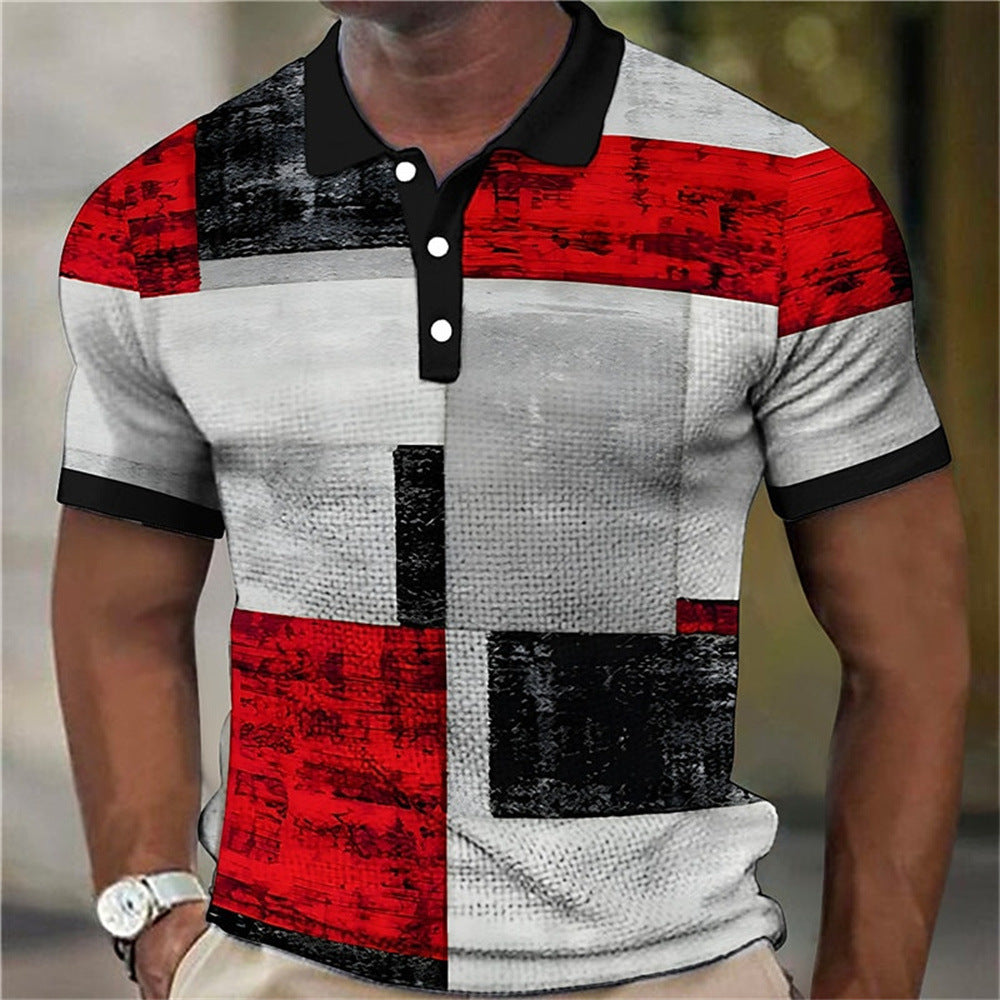 Fashion Men'S Polo Shirts 3d Splicing Plaid Printing Art