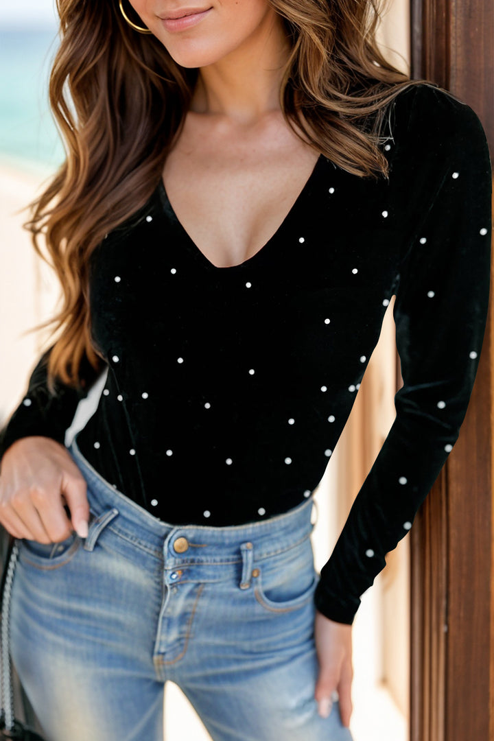 Pearl Detail V-Neck Long Sleeve Bodysuit - DRG Boutique Apparel & Accessories LLC