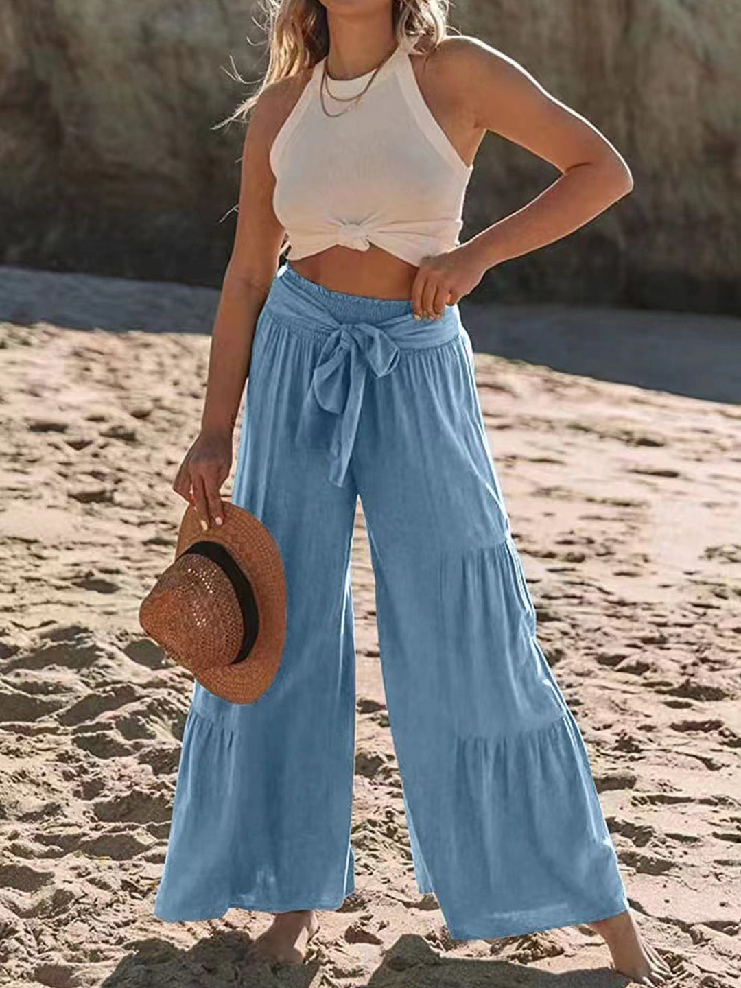 Tied Ruched Wide Leg Pants - DRG Boutique Apparel & Accessories LLC