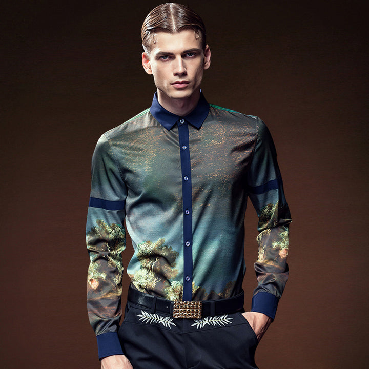 FANZHUAN Mens Shirts Fashion Long Sleeve Print Floral Shirt Men Slim Fit