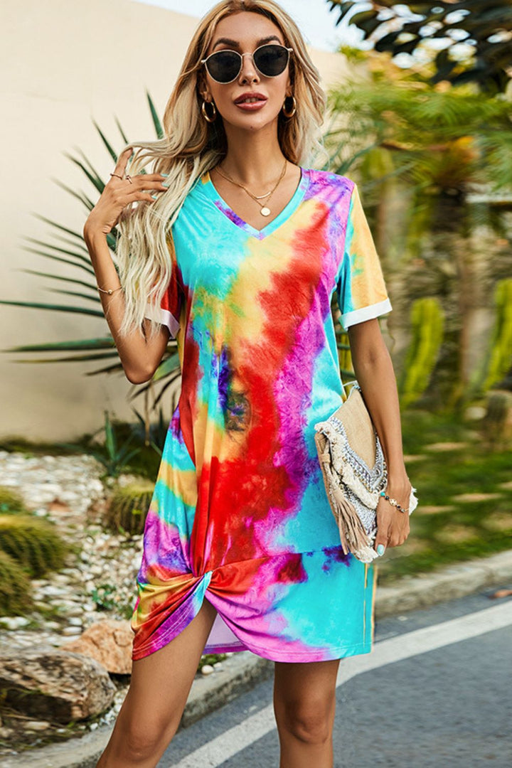 Shiny Twisted V-Neck Short Sleeve Dress - DRG Boutique Apparel & Accessories LLC