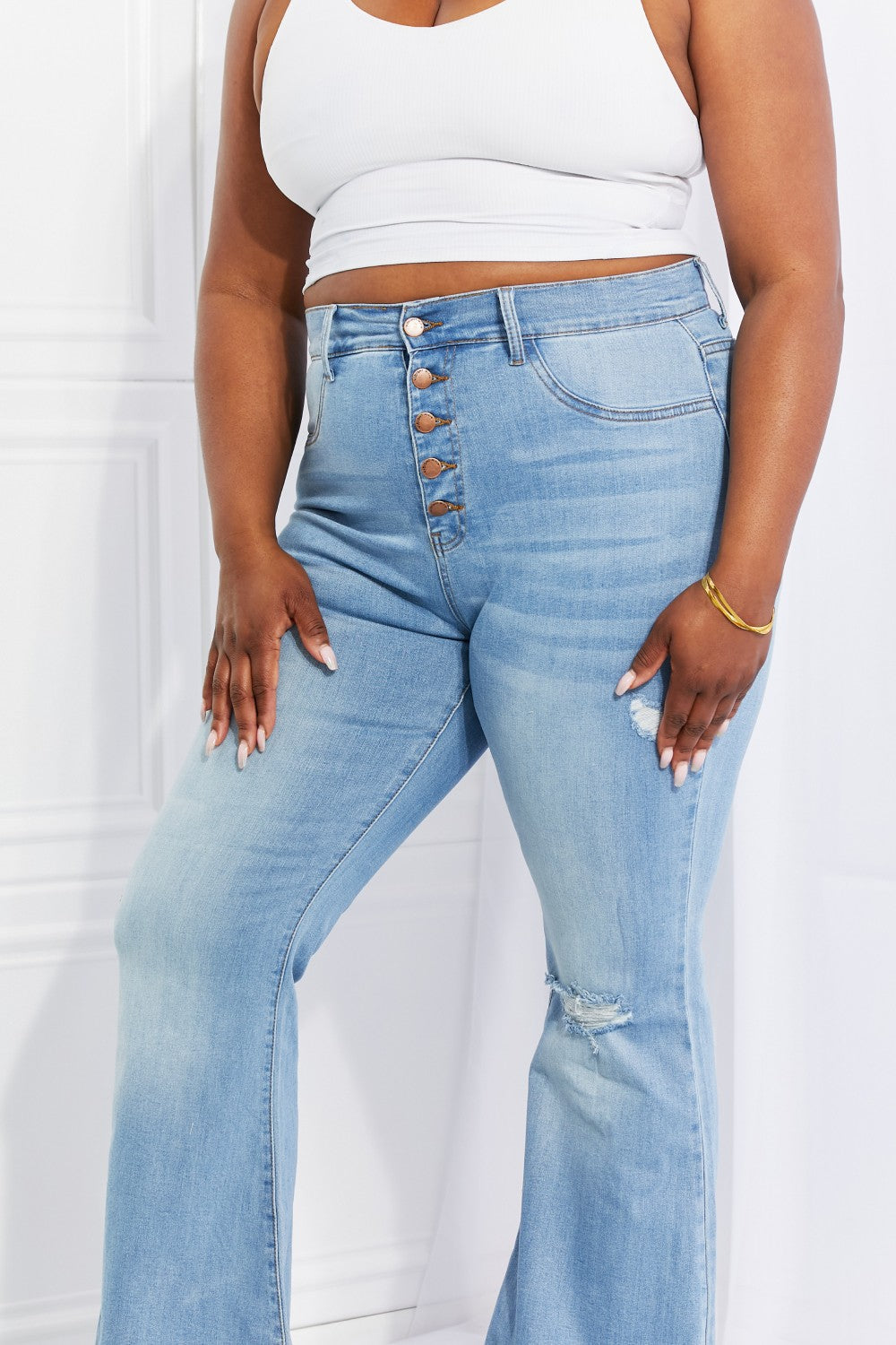 Vibrant MIU Full Size Jess Button Flare Jeans - DRG Boutique Apparel & Accessories LLC