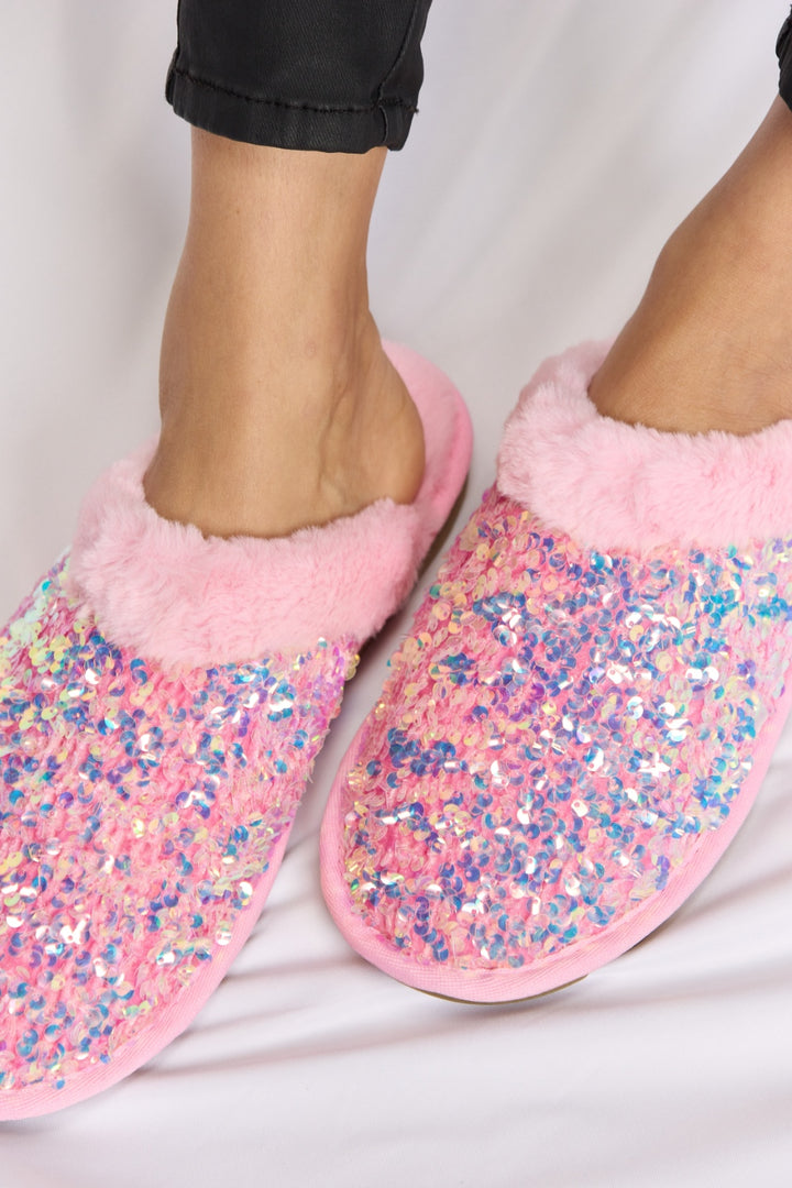 Forever Link Sequin Plush Round Toe Slippers, Pink