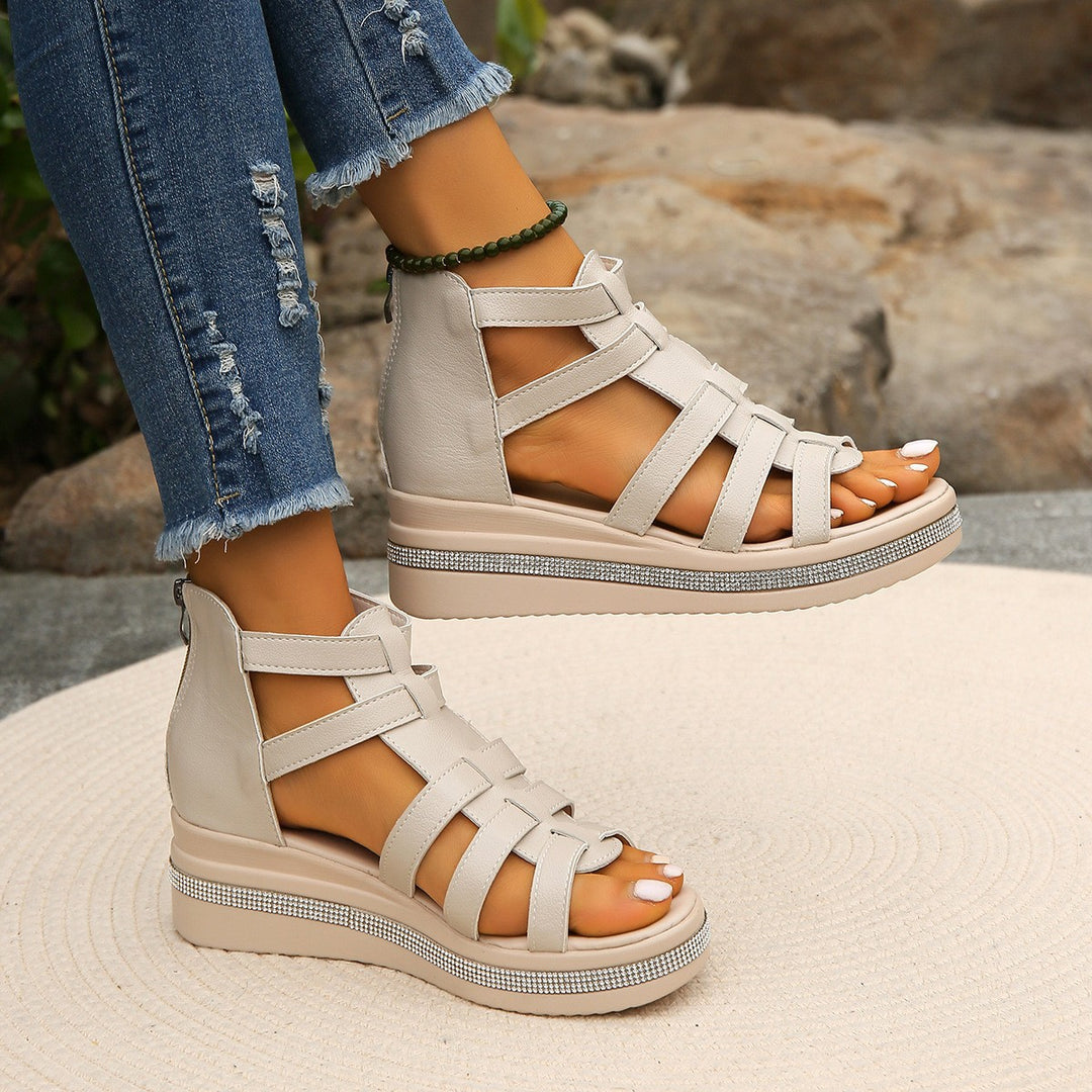 Cutout Rhinestone Trim Wedge Sandals - DRG Boutique Apparel & Accessories LLC