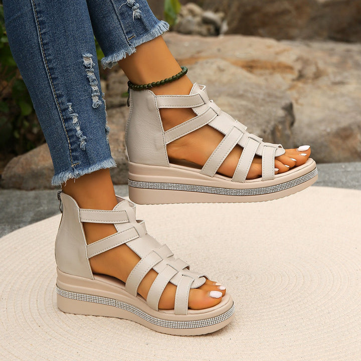 Cutout Rhinestone Trim Wedge Sandals - DRG Boutique Apparel & Accessories LLC