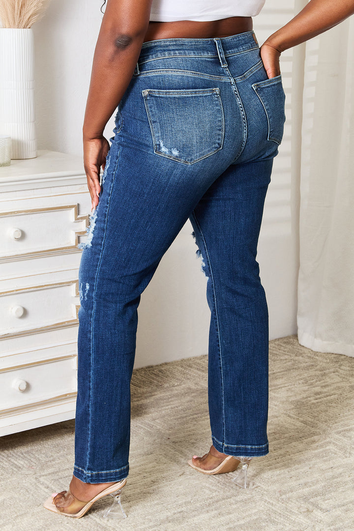 Judy Blue Full Size Mid Rise Hand Sand & Destroy Bootcut Jeans - DRG Boutique Apparel & Accessories LLC