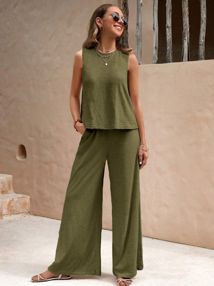 Round Neck Sleeveless Top and Wide Leg Pants Set - DRG Boutique Apparel & Accessories LLC