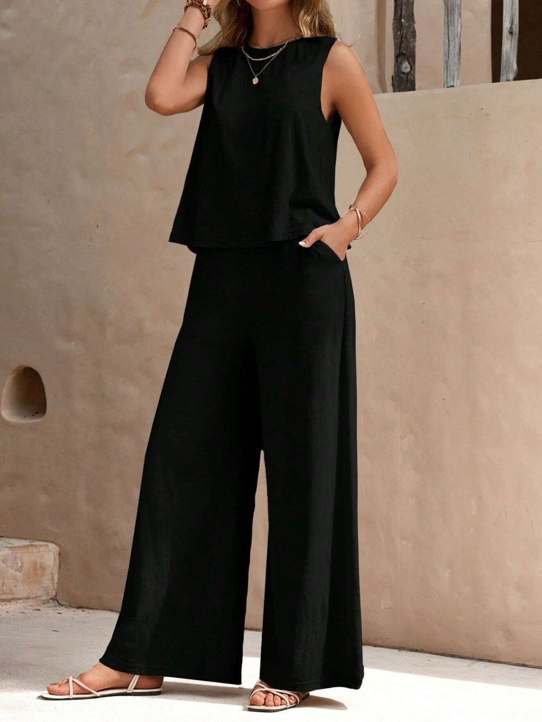 Round Neck Sleeveless Top and Wide Leg Pants Set - DRG Boutique Apparel & Accessories LLC